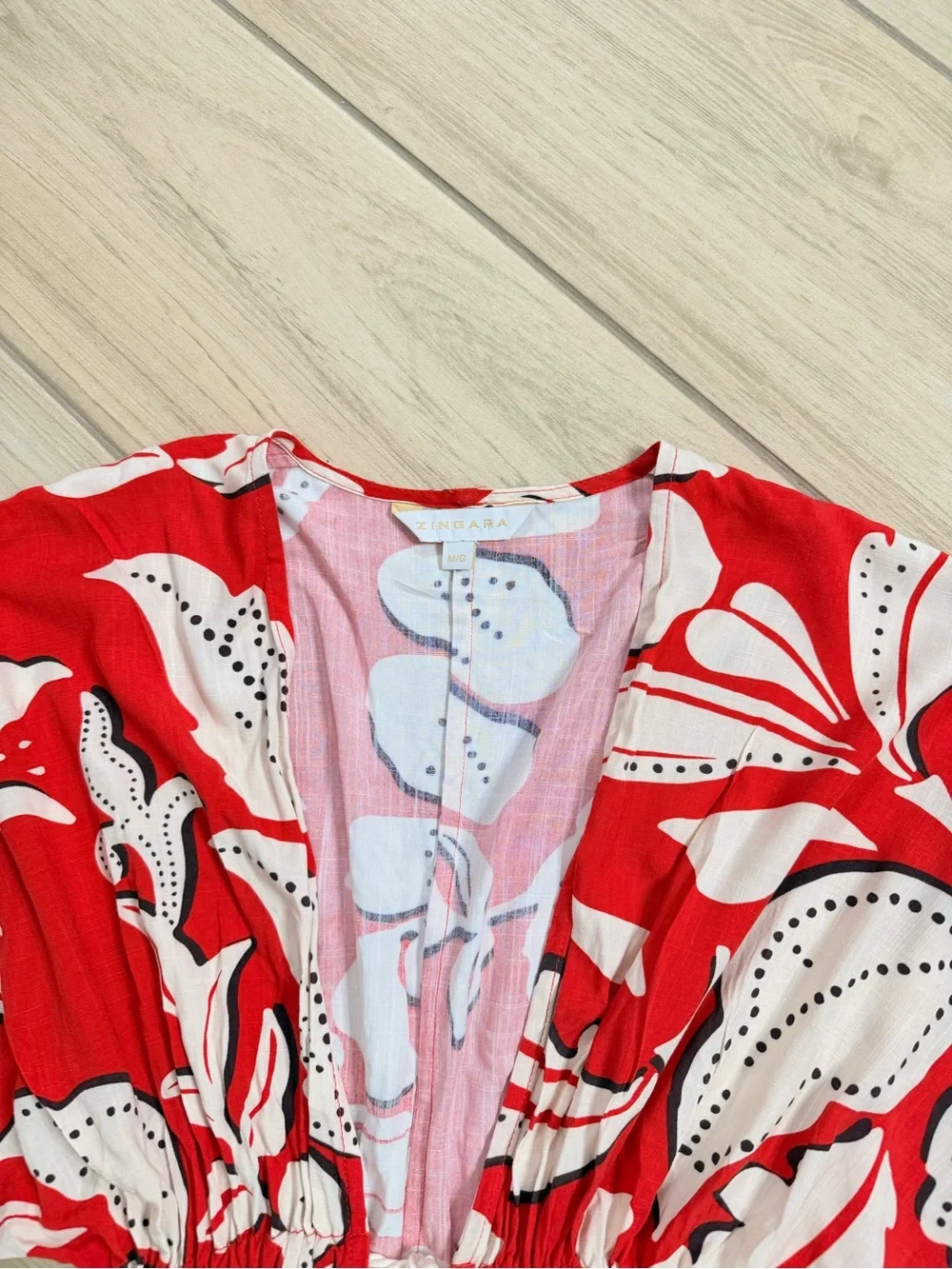 Zingara Red White Floral Kimono Beach Cover Up Dress Size M/L Resortwear Boho